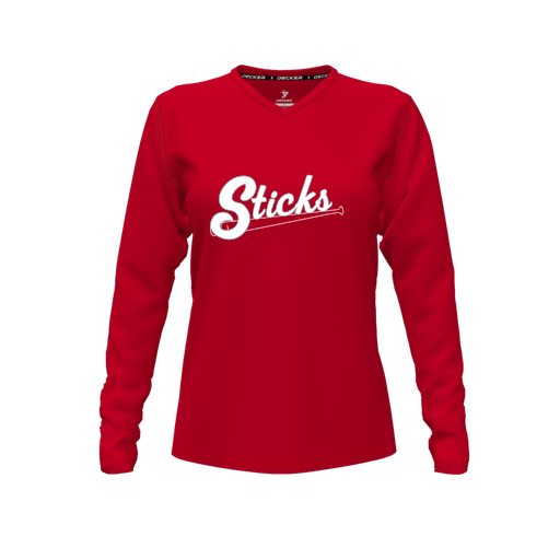[CUS-DFW-TEES-PER-VNK-LSL-RED-FYXS-LOGO1] Performance T-Shirt (Female Youth XS, Red, V Neck, Logo 1, Long Sleeve)