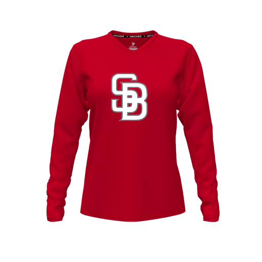 [CUS-DFW-TEES-PER-VNK-LSL-RED-FYXS-LOGO2] Performance T-Shirt (Female Youth XS, Red, V Neck, Logo 2, Long Sleeve)