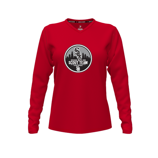[CUS-DFW-TEES-PER-VNK-LSL-RED-FYXS-LOGO3] Performance T-Shirt (Female Youth XS, Red, V Neck, Logo 3, Long Sleeve)